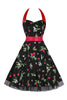 Laden Sie das Bild in den Galerie-Viewer, Hepburn Stil Neckholder Tüll Schwarz Bedrucktes Rockabilly Kleid
