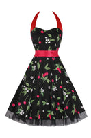 Laden Sie das Bild in den Galerie-Viewer, Hepburn Stil Neckholder Tüll Schwarz Bedrucktes Rockabilly Kleid