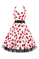 Laden Sie das Bild in den Galerie-Viewer, Hepburn Stil Neckholder Tüll Schwarz Bedrucktes Rockabilly Kleid