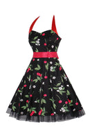 Laden Sie das Bild in den Galerie-Viewer, Hepburn Stil Neckholder Tüll Schwarz Bedrucktes Rockabilly Kleid