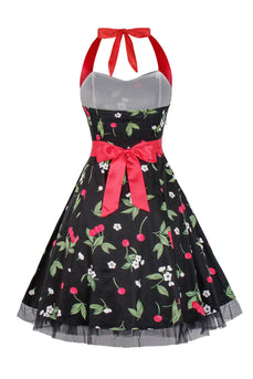 Hepburn Stil Neckholder Tüll Schwarz Bedrucktes Rockabilly Kleid