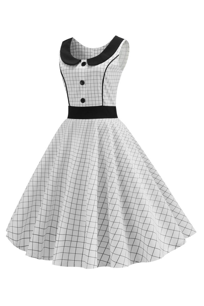 Laden Sie das Bild in den Galerie-Viewer, Weißes ärmelloses 50er Jahren kariertes Kleid mit Knopf