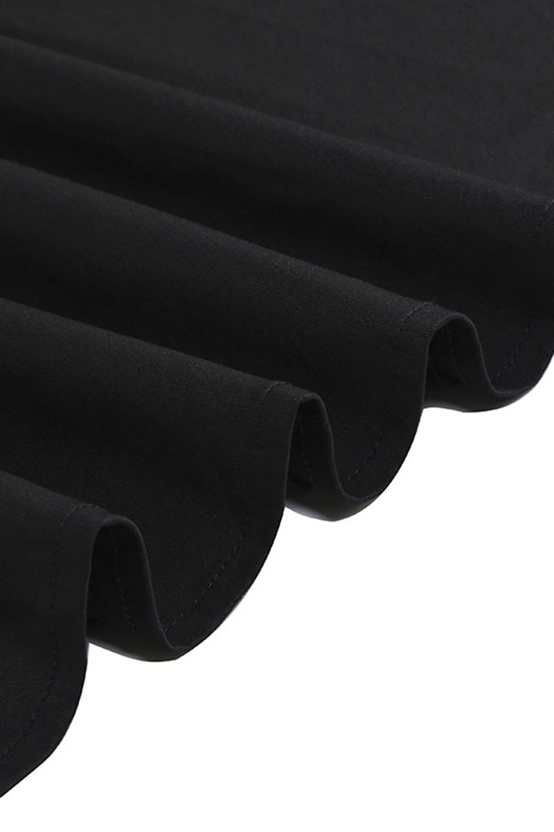 Laden Sie das Bild in den Galerie-Viewer, V-Ausschnitt Kurzarm Kariertes schwarzes Kleid aus den 1950er Jahren mit Gürtel