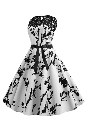 Ärmelloses bedrucktes weißes Rockabilly Kleid mit U-Ausschnitt und Schärpe