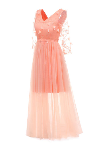 Apricot Tüll Langärmeliges Vintage Kleid mit Applikationen