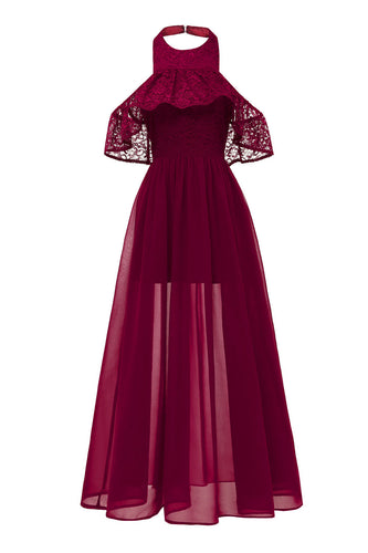 Burgunderrotes Neckholder Tüll Vintage Kleid mit Spitze