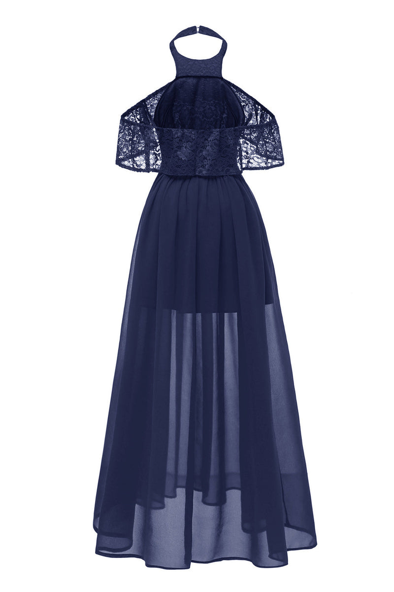 Laden Sie das Bild in den Galerie-Viewer, Burgunderrotes Neckholder Tüll Vintage Kleid mit Spitze