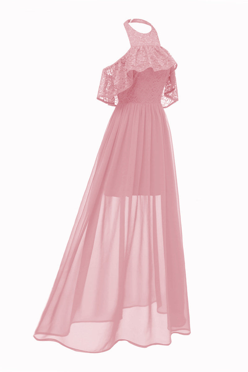 Laden Sie das Bild in den Galerie-Viewer, Burgunderrotes Neckholder Tüll Vintage Kleid mit Spitze