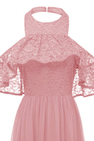 Laden Sie das Bild in den Galerie-Viewer, Burgunderrotes Neckholder Tüll Vintage Kleid mit Spitze