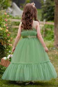 Grünes Tüll A-Linie Blumenmädchenkleid mit Schleife