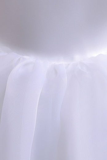 Weißes Tüll A Linie Blumenmädchen Kleid mit Puffärmeln