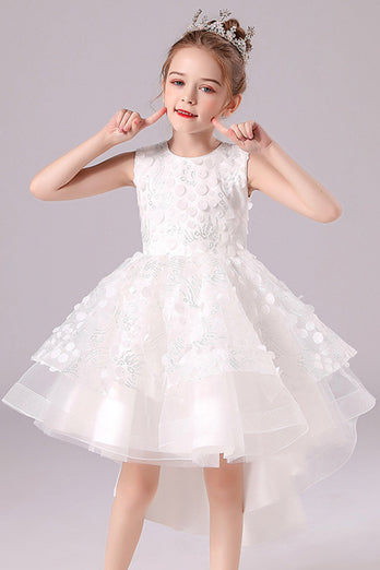 Weißes Hoch niedrig Blumenmädchen-Kleid mit Schleife