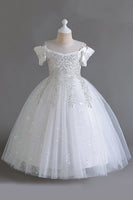 Laden Sie das Bild in den Galerie-Viewer, Rosa schulterfreies Blumenmädchenkleid mit Schleife