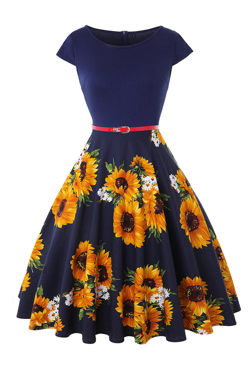 Laden Sie das Bild in den Galerie-Viewer, U-Boot-Ausschnitt Blume bedruckt Schwarzes 1950er Jahre Kleid mit Gürtel