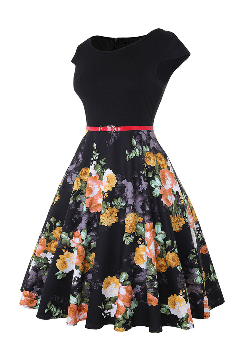Laden Sie das Bild in den Galerie-Viewer, U-Boot-Ausschnitt Blume bedruckt Schwarzes 1950er Jahre Kleid mit Gürtel