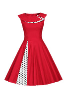 Laden Sie das Bild in den Galerie-Viewer, Polka Dots Rotes 1950er Jahre Kleid mit Knopf