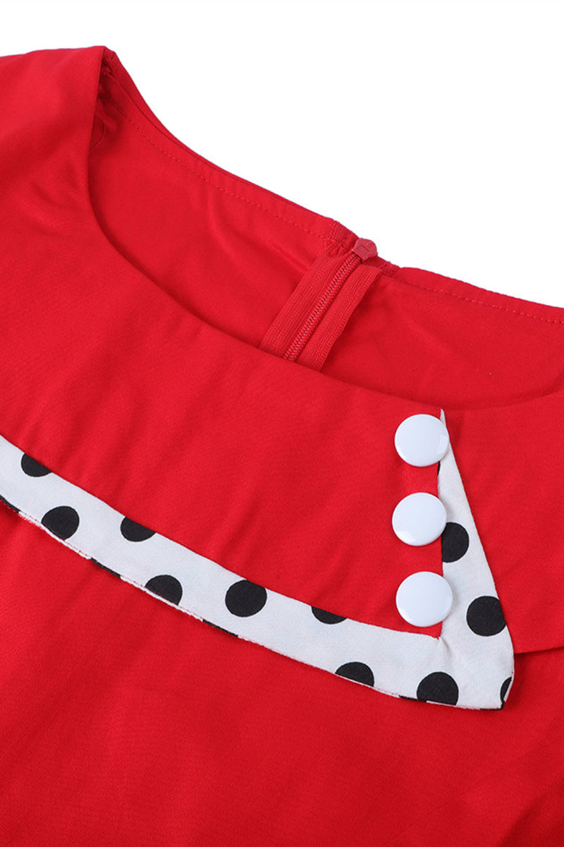 Laden Sie das Bild in den Galerie-Viewer, Polka Dots Rotes 1950er Jahre Kleid mit Knopf