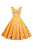 Laden Sie das Bild in den Galerie-Viewer, Ärmelloses bedrucktes gelbes Kleid aus den 1950er Jahren