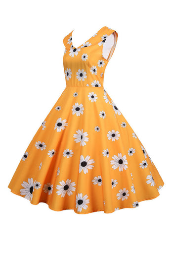 Ärmelloses bedrucktes gelbes Kleid aus den 1950er Jahren
