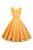 Laden Sie das Bild in den Galerie-Viewer, Ärmelloses bedrucktes gelbes Kleid aus den 1950er Jahren