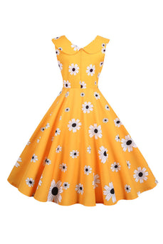 Ärmelloses bedrucktes gelbes Kleid aus den 1950er Jahren
