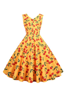 Bedrucktes ärmelloses gelbes Vintage-Kleid