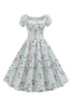 Laden Sie das Bild in den Galerie-Viewer, Hellblaues bedrucktes Vintage-Kleid mit Puffärmeln