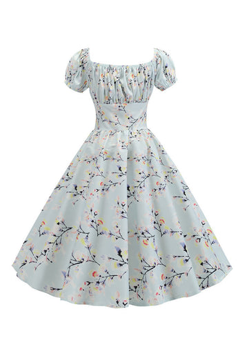 Hellblaues bedrucktes Vintage-Kleid mit Puffärmeln