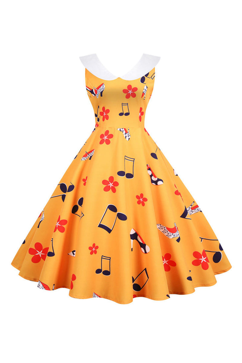 Laden Sie das Bild in den Galerie-Viewer, Bedrucktes ärmelloses gelbes Vintage-Kleid