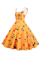 Laden Sie das Bild in den Galerie-Viewer, Bedrucktes ärmelloses gelbes Vintage-Kleid
