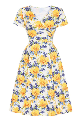 Gelbes Vintage-Kleid mit V-Ausschnitt und kurzen Ärmeln