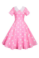 Laden Sie das Bild in den Galerie-Viewer, Polka Dots Rosa Vintage-Kleid mit kurzen Ärmeln