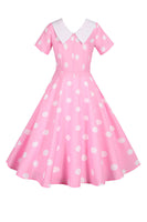 Laden Sie das Bild in den Galerie-Viewer, Polka Dots Rosa Vintage-Kleid mit kurzen Ärmeln