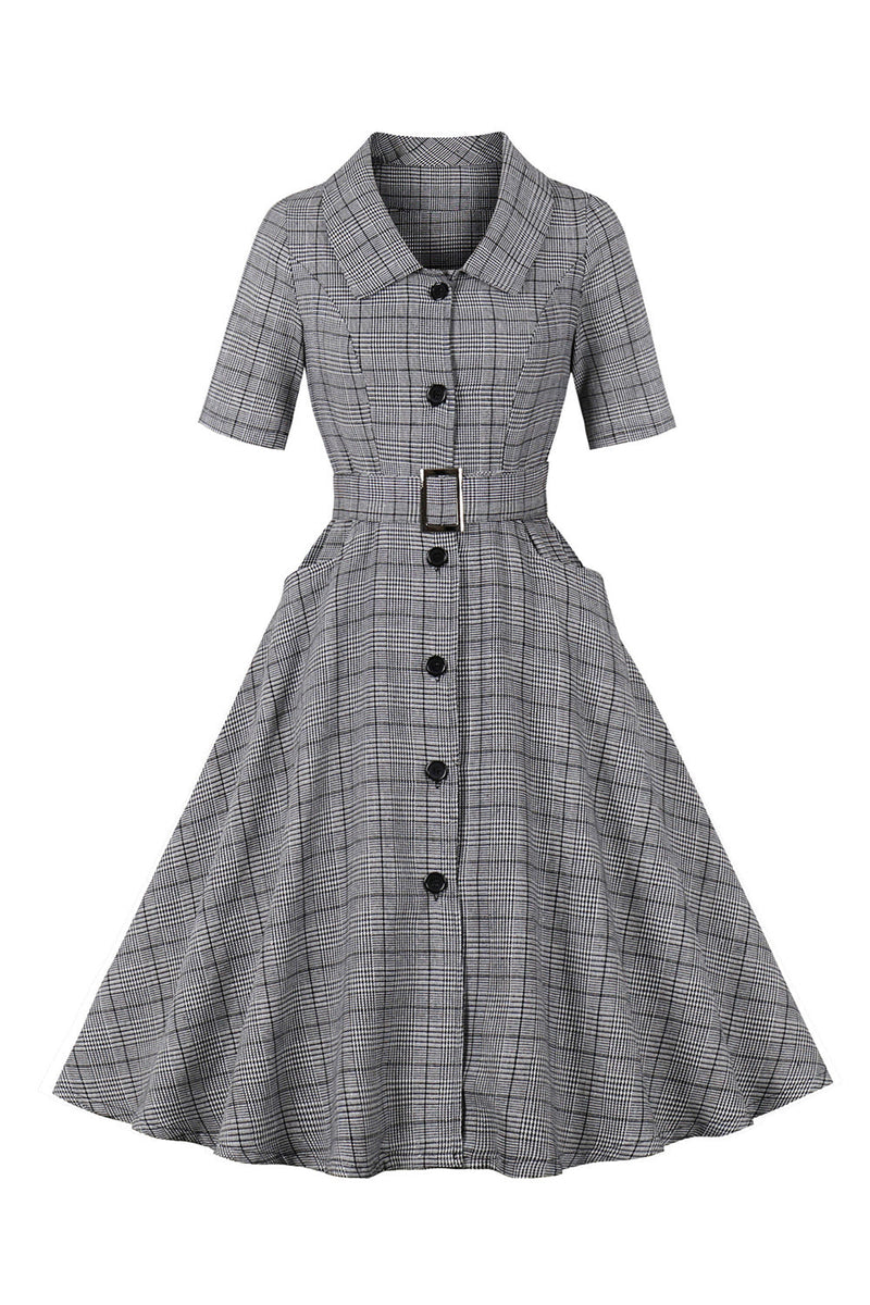Laden Sie das Bild in den Galerie-Viewer, A-Linie 3/4 Ärmel Graues 1950er Jahre Kleid mit Taschen