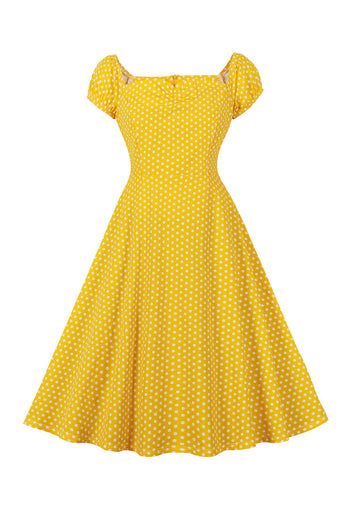 Gelbes Polka Dots Vintage Kleid mit quadratischem Ausschnitt