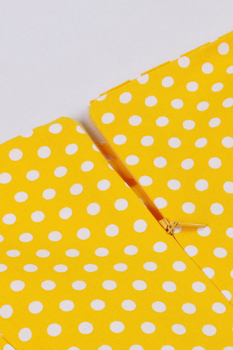Laden Sie das Bild in den Galerie-Viewer, Gelbes Polka Dots Vintage Kleid mit quadratischem Ausschnitt