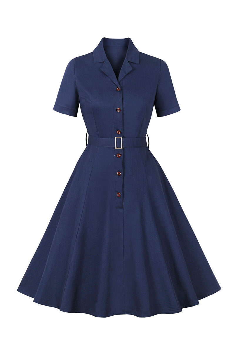 Laden Sie das Bild in den Galerie-Viewer, Marineblaues Kleid mit kurzen Ärmeln und Knopf aus den 1950er Jahren