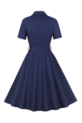 Marineblaues Kleid mit kurzen Ärmeln und Knopf aus den 1950er Jahren