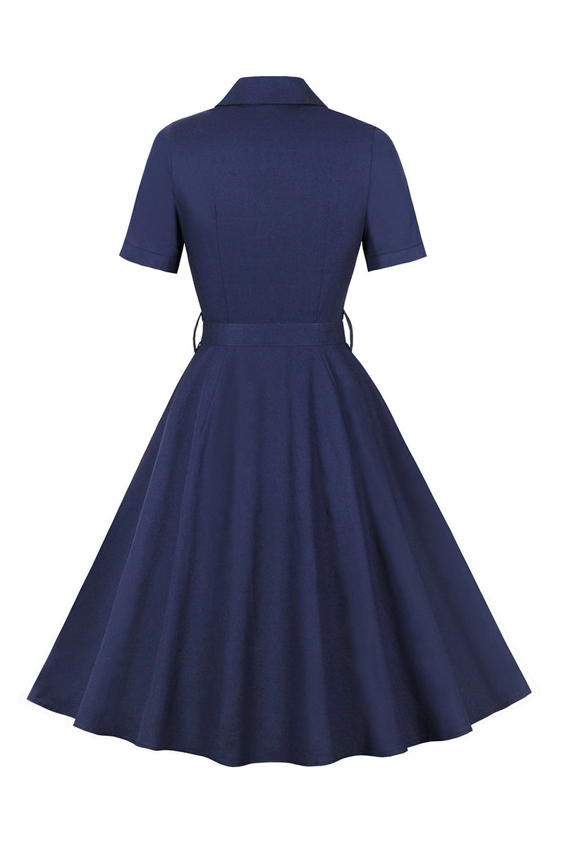 Laden Sie das Bild in den Galerie-Viewer, Marineblaues Kleid mit kurzen Ärmeln und Knopf aus den 1950er Jahren