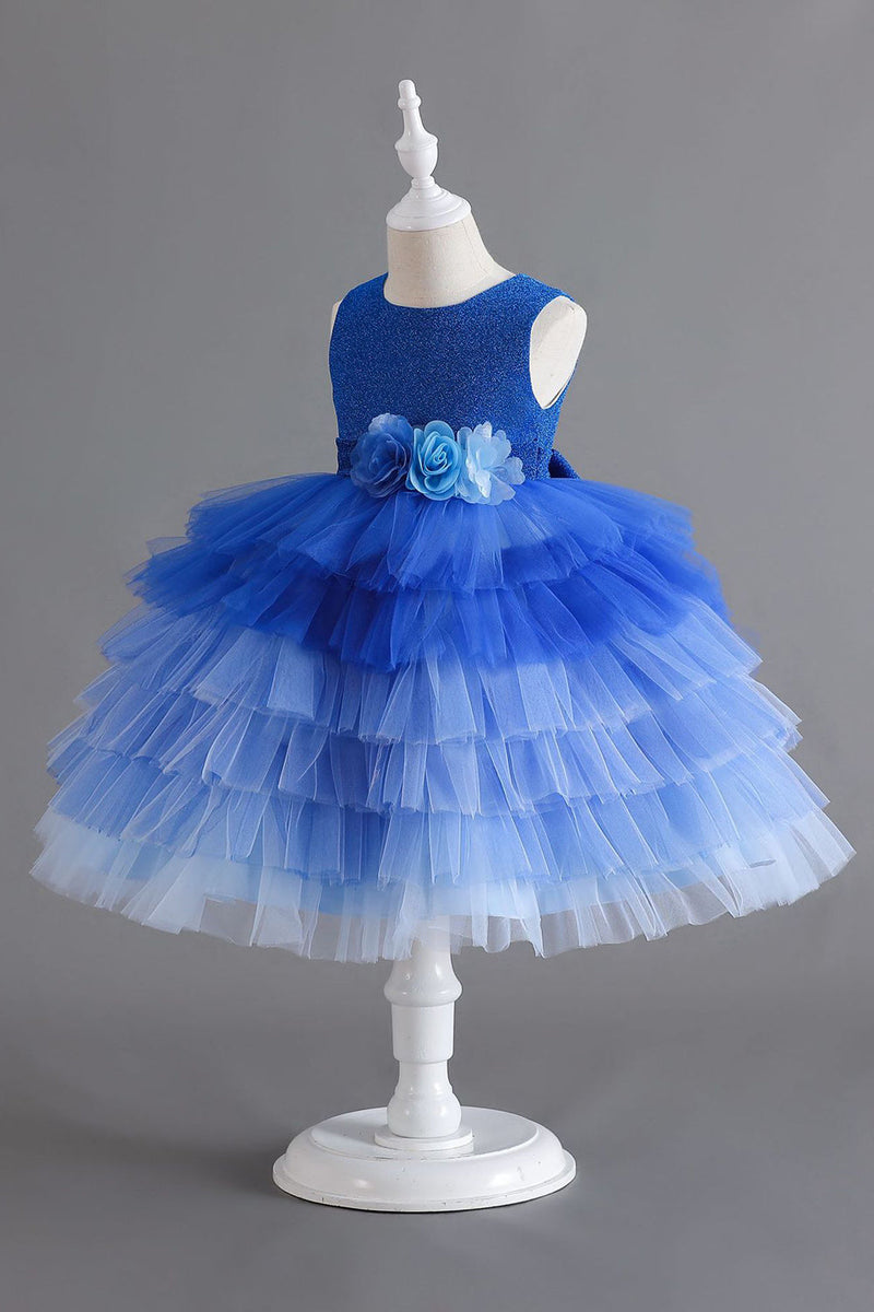 Laden Sie das Bild in den Galerie-Viewer, Königsblaues ärmelloses A-Linie Mädchenkleider mit 3D-Blumen