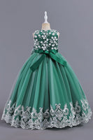 Laden Sie das Bild in den Galerie-Viewer, Rosa ärmelloses Rundhals Applikation Mädchen Kleider mit Schleife