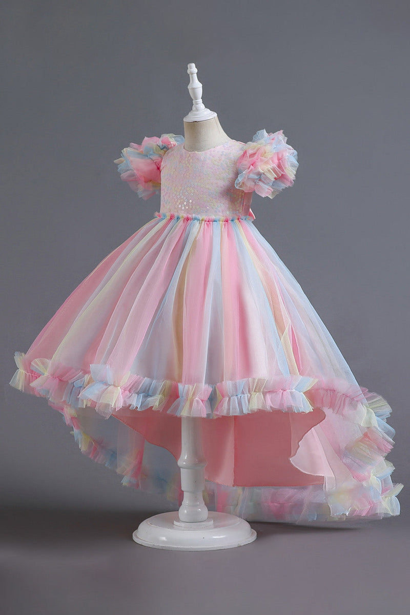 Laden Sie das Bild in den Galerie-Viewer, A-Linie Tüll rosa Pailletten Puffärmel Mädchen Kleider mit Schleife