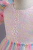 Laden Sie das Bild in den Galerie-Viewer, A-Linie Tüll rosa Pailletten Puffärmel Mädchen Kleider mit Schleife