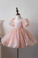 Laden Sie das Bild in den Galerie-Viewer, Blau A Linie Puffärmel Pailletten Mädchen Kleider