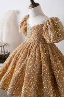 Laden Sie das Bild in den Galerie-Viewer, Blau A Linie Puffärmel Pailletten Mädchen Kleider