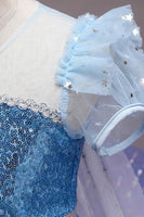 Laden Sie das Bild in den Galerie-Viewer, A-Linie Blaues Puffärmel Pailletten Mädchen Kleider