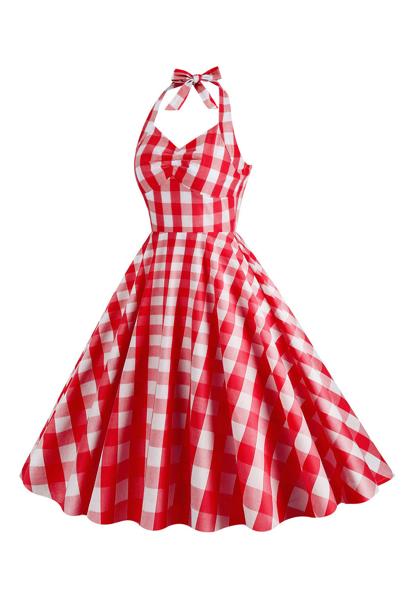 Laden Sie das Bild in den Galerie-Viewer, Neckholder Kariertes Vintage-Kleid mit Schleife