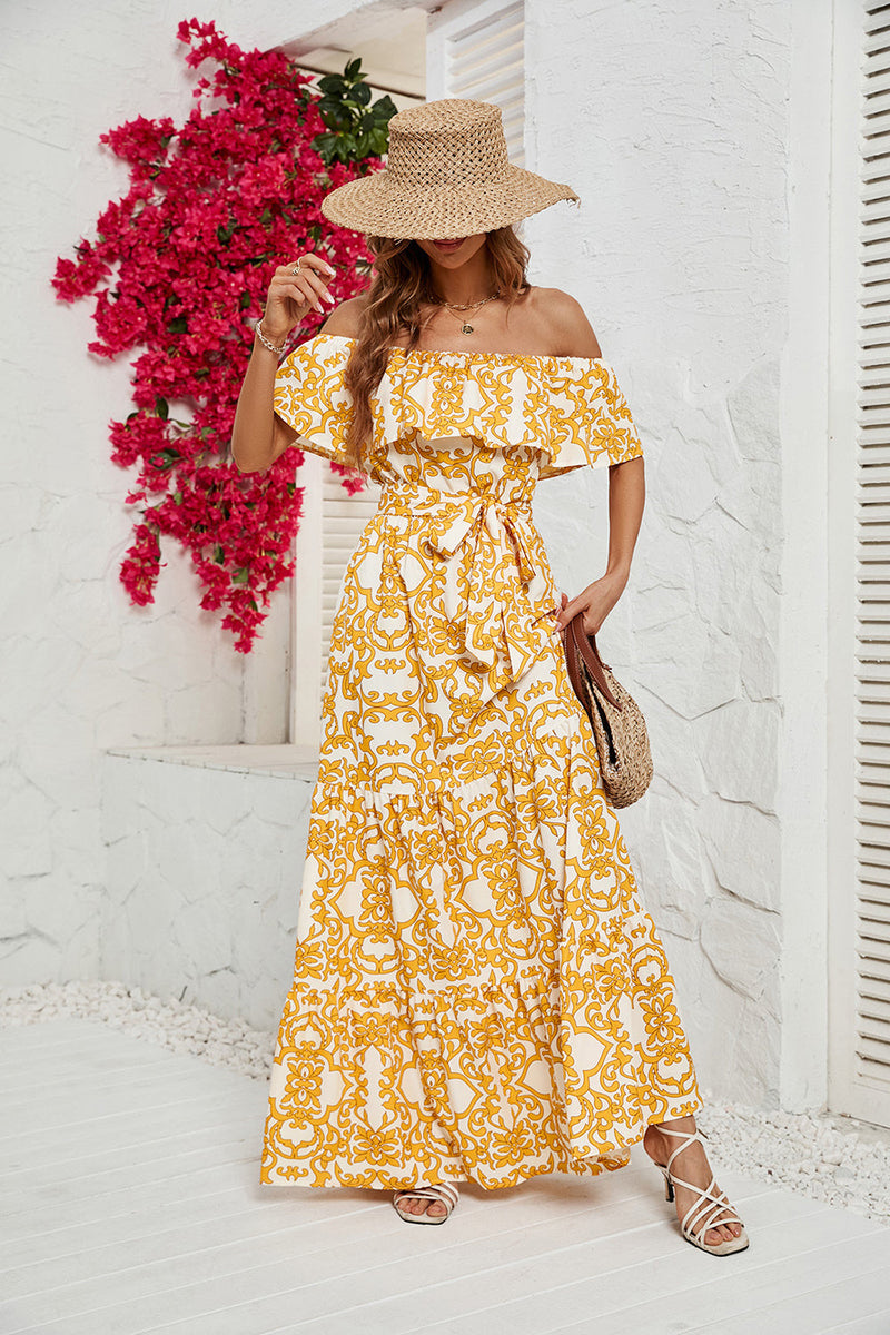 Laden Sie das Bild in den Galerie-Viewer, Gelb bedrucktes schulterfreies langes Sommerkleid