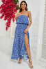 Laden Sie das Bild in den Galerie-Viewer, Blaues bedrucktes trägerloses langes Sommerkleid mit Schlitz