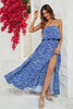 Laden Sie das Bild in den Galerie-Viewer, Blaues bedrucktes trägerloses langes Sommerkleid mit Schlitz